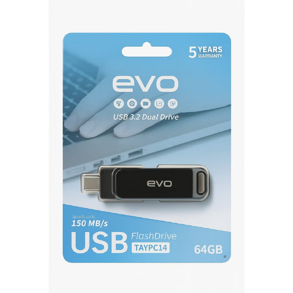 EVO فلاش ميموري USB 3.2 Dual Drive Type-C سعة 64 جيجا – سرعة نقل تصل إلى 150MB/s 