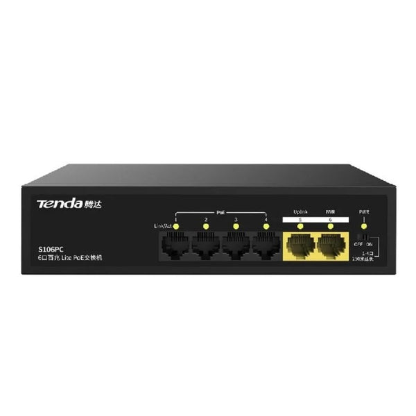 سويتش تندا S106PC بستة منافذ PoE بسرعة 100 ميجابت، جهاز توزيع بيانات وطاقة عبر كابل إيثرنت واحد، تصميم مدمج بدون مروحة مثالي للشبكات الصغيرة وأنظمة المراقبة. - eldabbah-الدباح