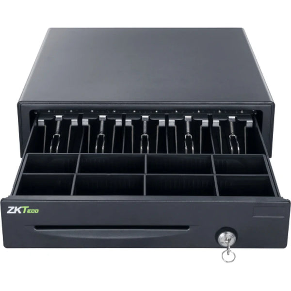 درج كاش معدني من ZKTeco موديل ZKC0408 بوزن 6.5 كجم، يحتوي على 4 مقصورات للأوراق النقدية و8 مقصورات للعملات، مع قفل بثلاث وضعيات، مناسب لأنظمة نقاط البيع في المتاجر والمطاعم. - eldabbah-الدباح