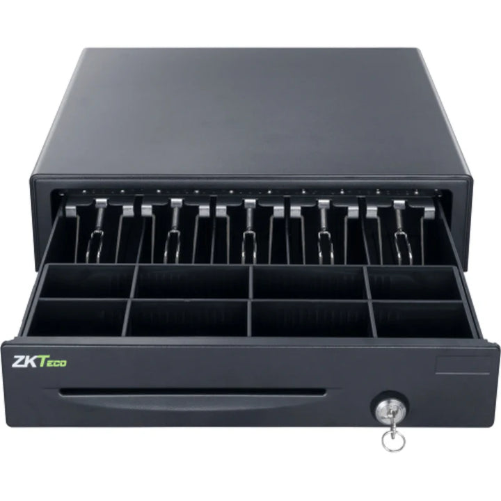 درج كاش معدني من ZKTeco موديل ZKC0408 بوزن 6.5 كجم، يحتوي على 4 مقصورات للأوراق النقدية و8 مقصورات للعملات، مع قفل بثلاث وضعيات، مناسب لأنظمة نقاط البيع في المتاجر والمطاعم. - eldabbah-الدباح